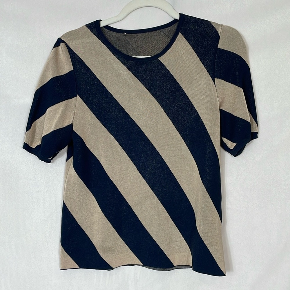 The Fold Short Sleeve Sweater Top Size S Navy Gold/Tan Stripe